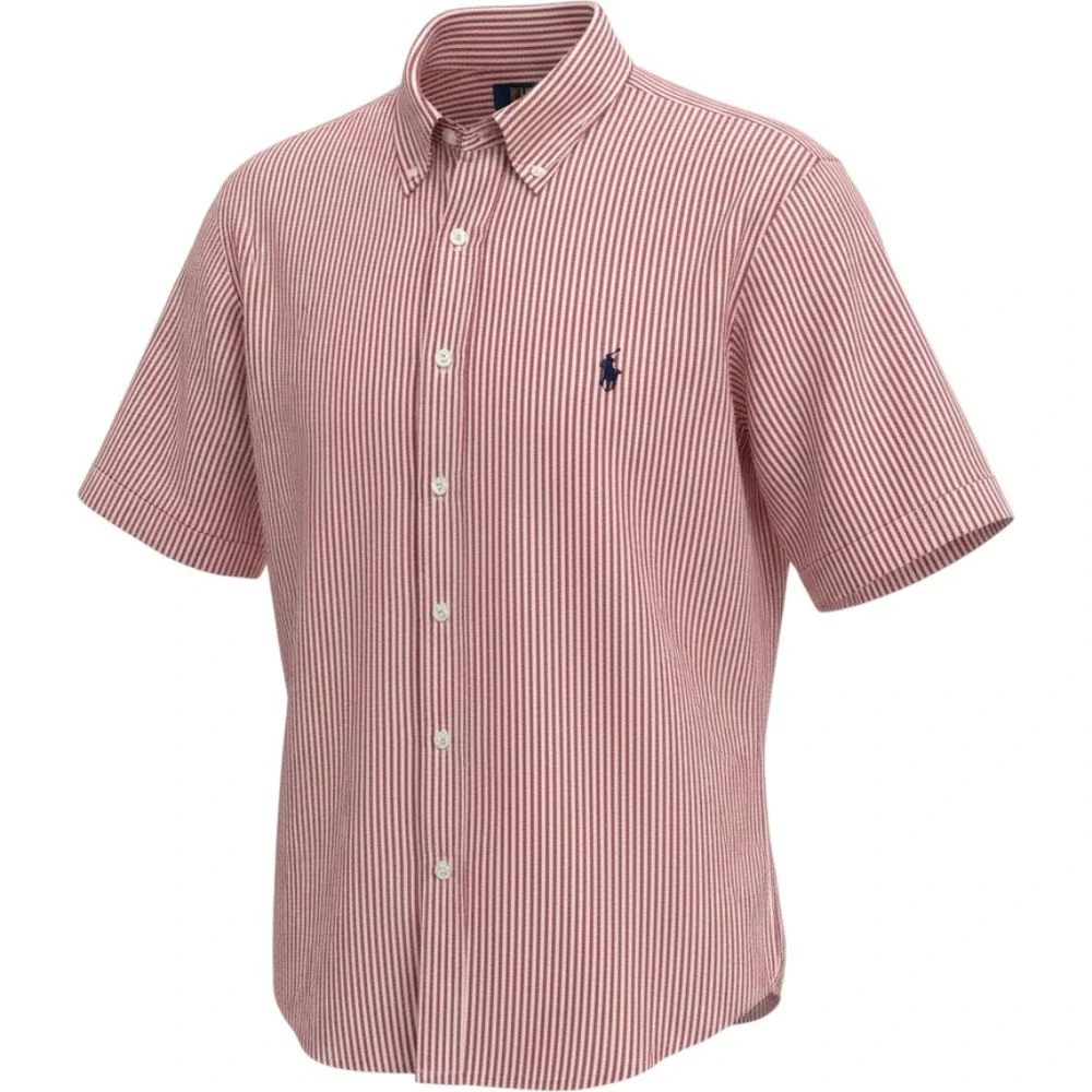 Polo Ralph Lauren Button Down Mens 2XLT Red Seersucker Stripe Short Sleeve Shirt